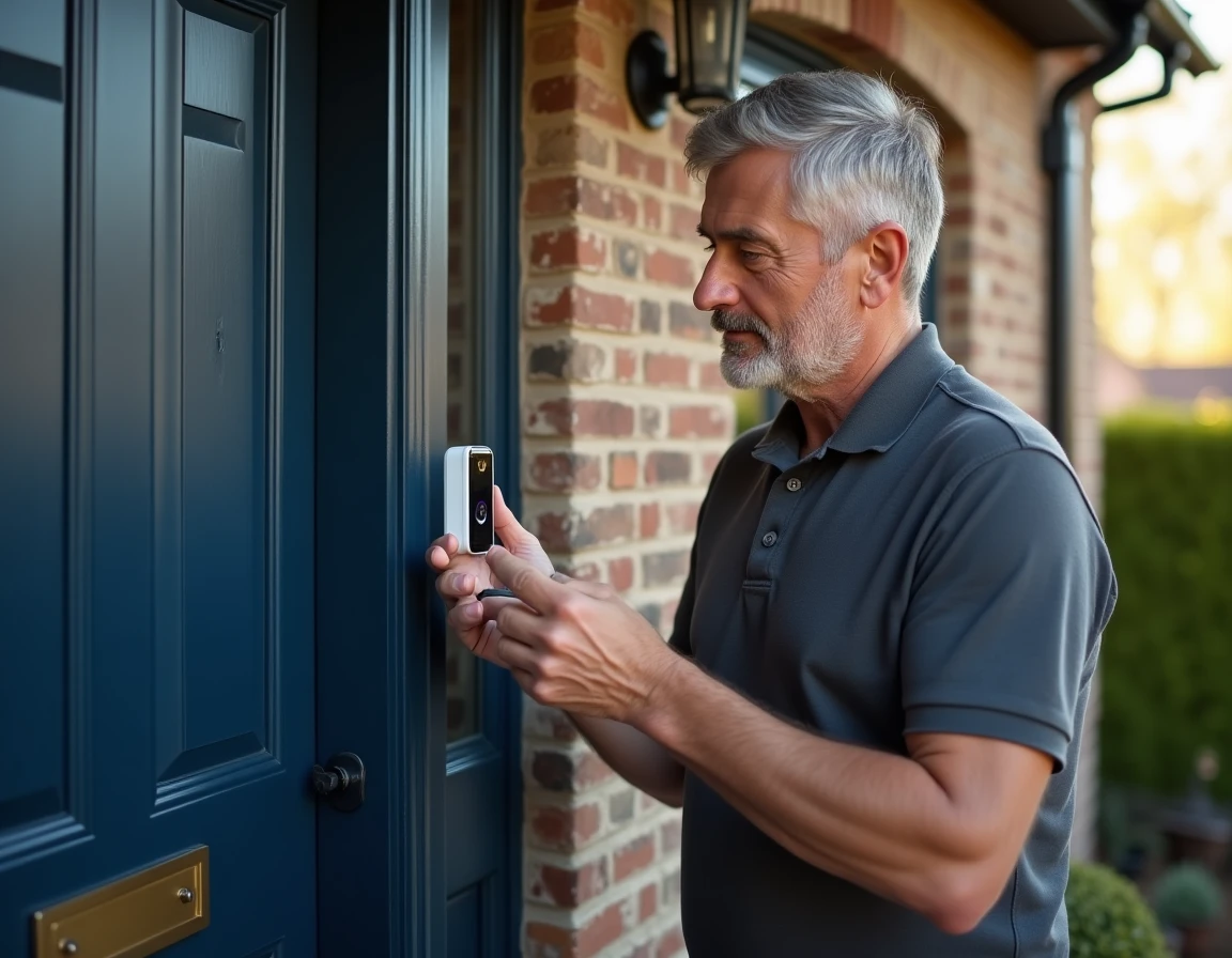 Homme installant une sonnette caméra connectée sur la façade de sa maison pour renforcer la sécurité de l'entrée