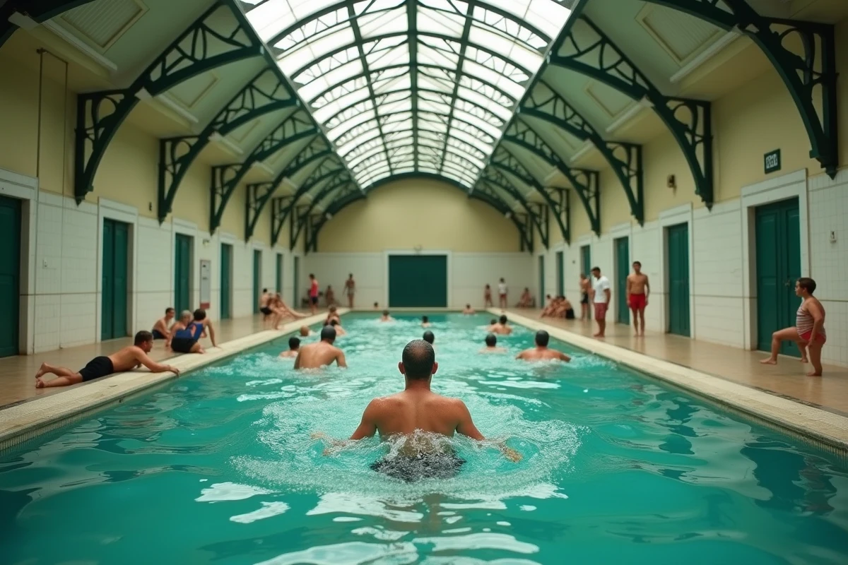 Intérieur de la piscine Butte aux Cailles avec son bassin carrelé, sa structure en fonte et ses nageurs adultes