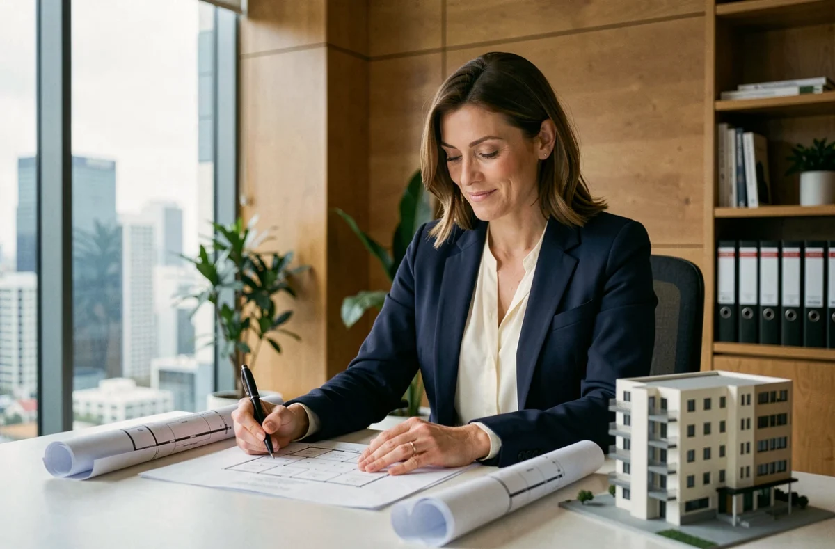 Femme professionnelle en blazer marine analysant des documents immobiliers dans un bureau moderne avec vue sur la ville