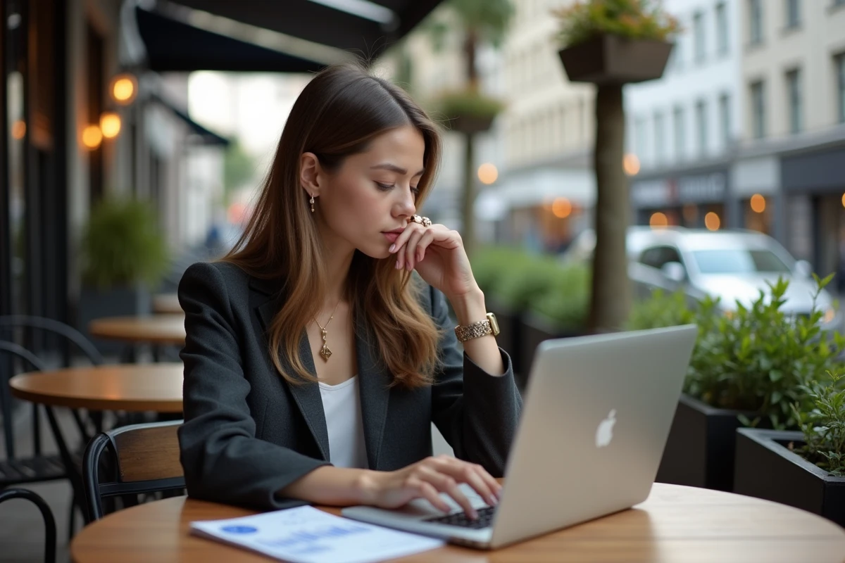 Jeune femme entrepreneure travaillant sur son ordinateur en terrasse