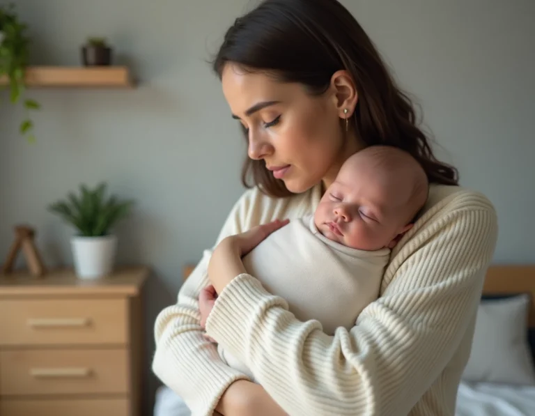 Jeune mère tenant son nouveau-né dans les bras dans une chambre de bébé cosy et chaleureuse