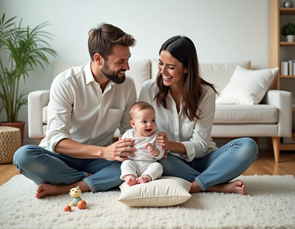 Couple de jeunes parents jouant avec leur bébé de quatre mois sur un tapis dans un salon moderne