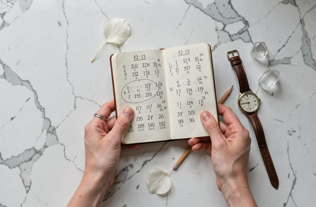 Vue du dessus d'un journal de numérologie ouvert avec la séquence 12h13 entourée, une montre vintage et un cristal de quartz sur marbre blanc