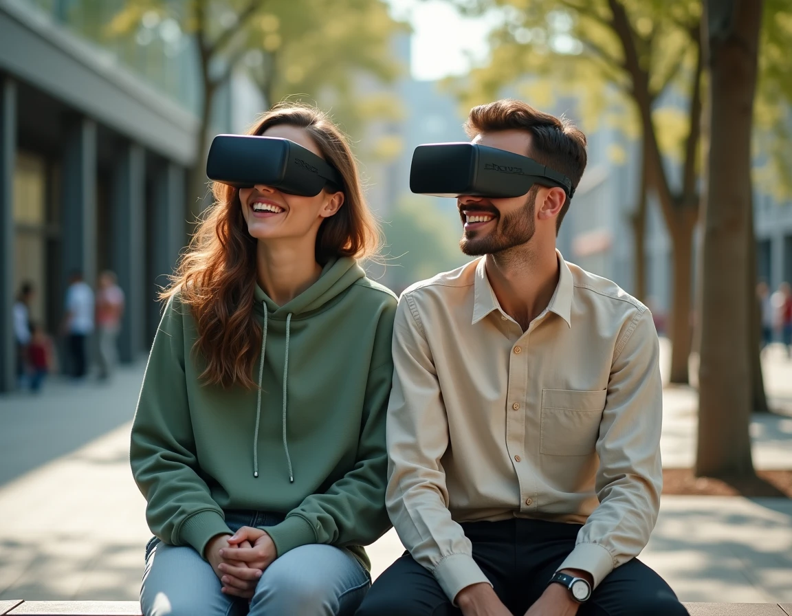 Deux personnes portant des lunettes de réalité augmentée nouvelle génération en extérieur urbain