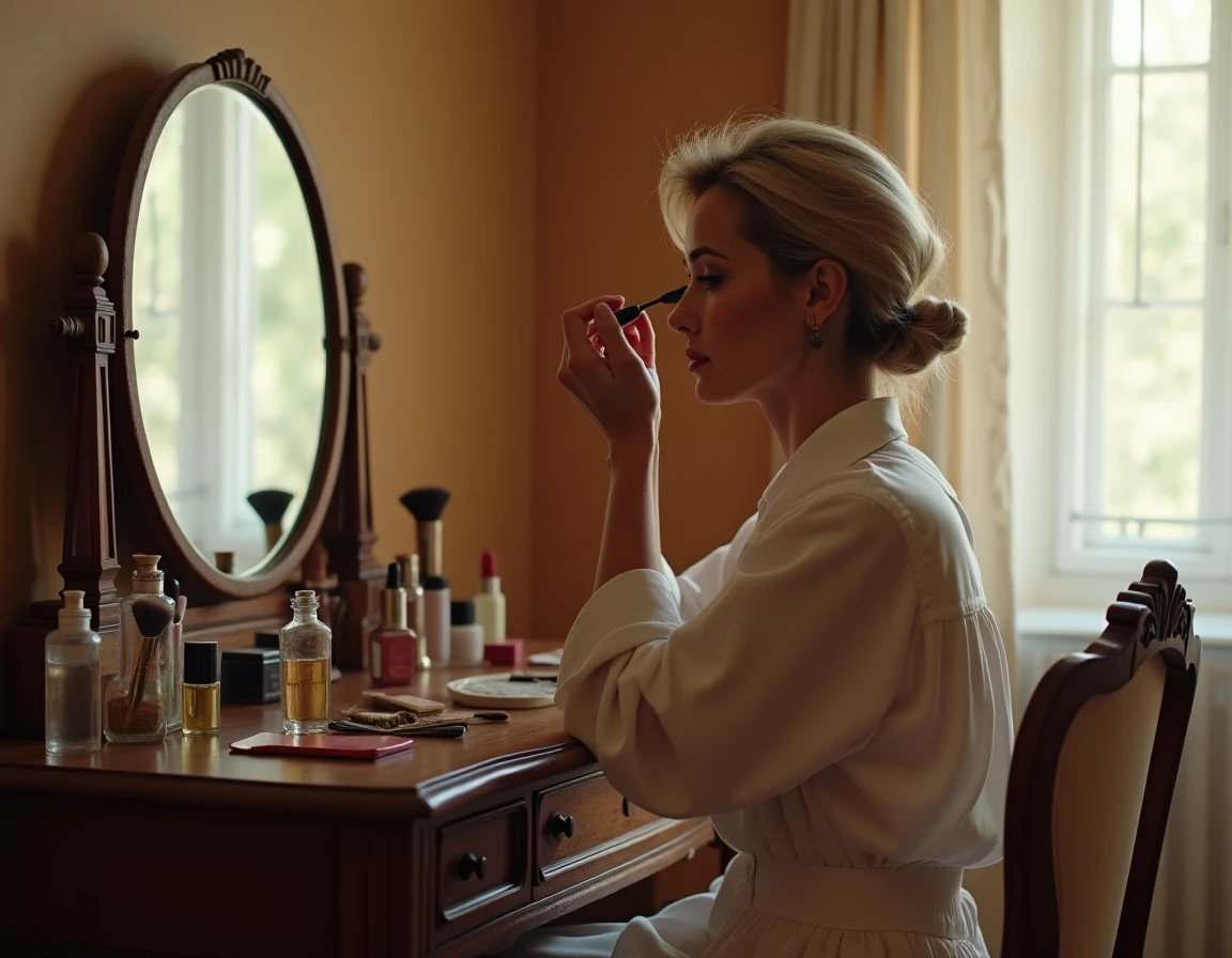 Femme appliquant du mascara devant une coiffeuse vintage avec des accessoires de maquillage variés