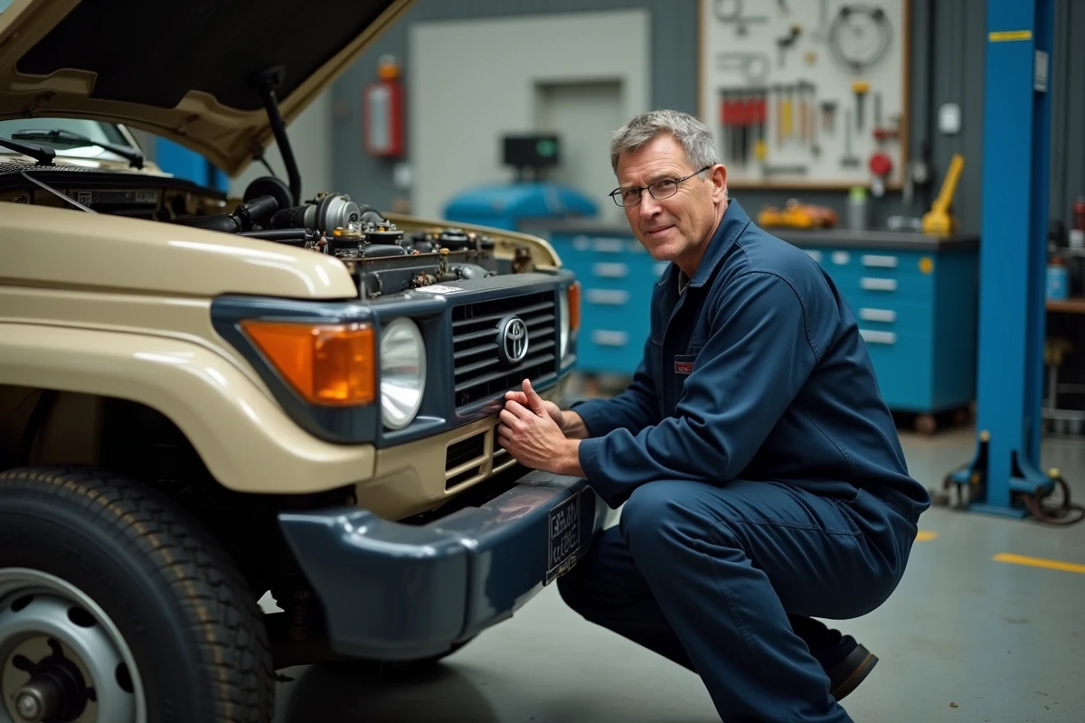 Mécanicien inspectant le moteur diesel 1HD-FTE d'un Toyota HDJ 100 dans un atelier automobile, diagnostic des problèmes de fiabilité courants