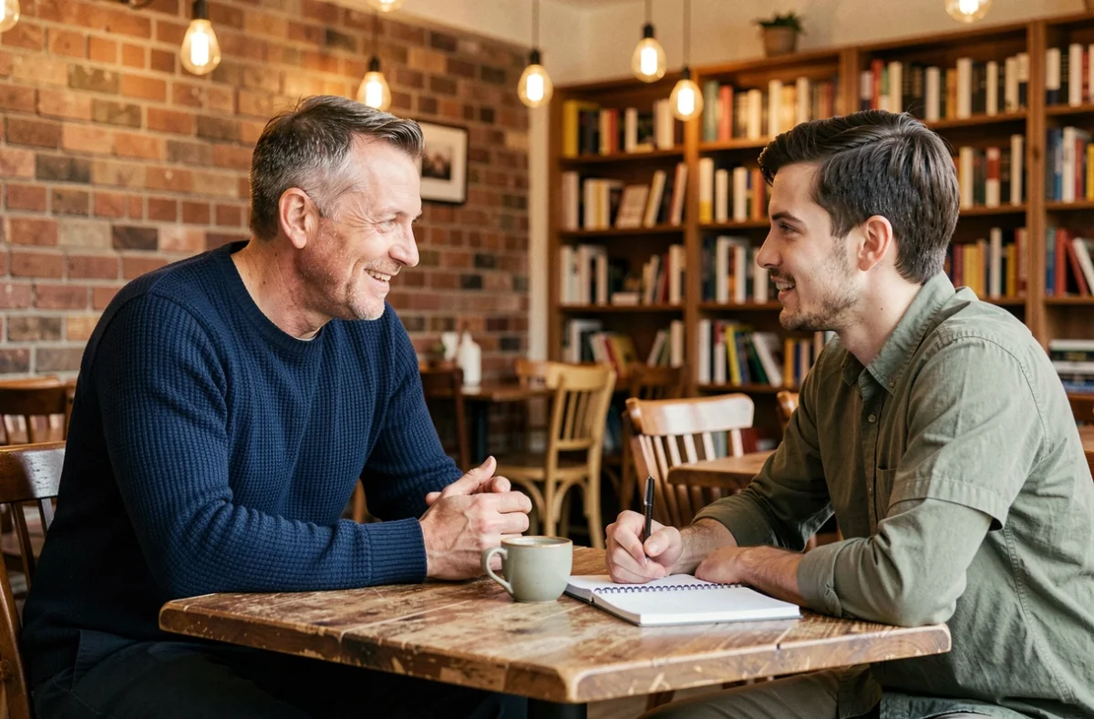 Un mentor expérimenté accompagne un jeune professionnel dans le développement de ses talents lors d'une session de coaching en café