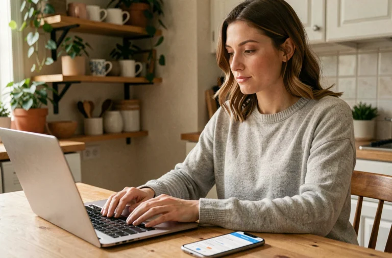 Mère de famille contactant un service de planification en ligne depuis sa cuisine avec un ordinateur portable