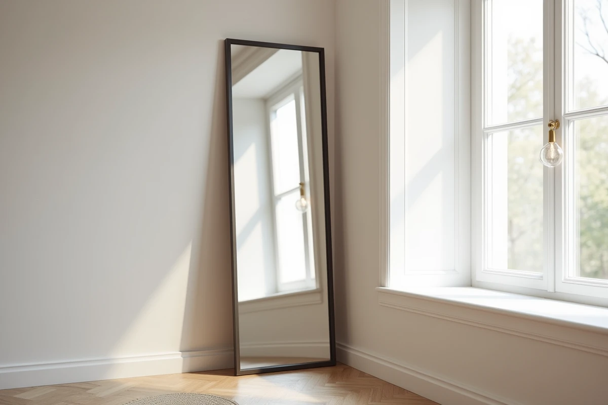 Grand miroir en pied posé face à la fenêtre dans une suite parentale pour agrandir visuellement l'espace