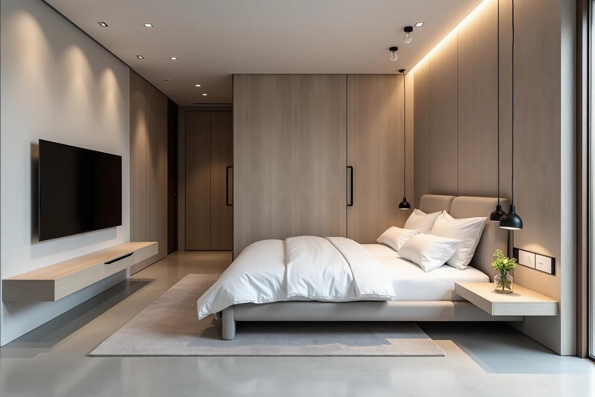 Mobilier suspendu et meubles muraux sans pieds dans une suite parentale pour dégager entièrement le sol
