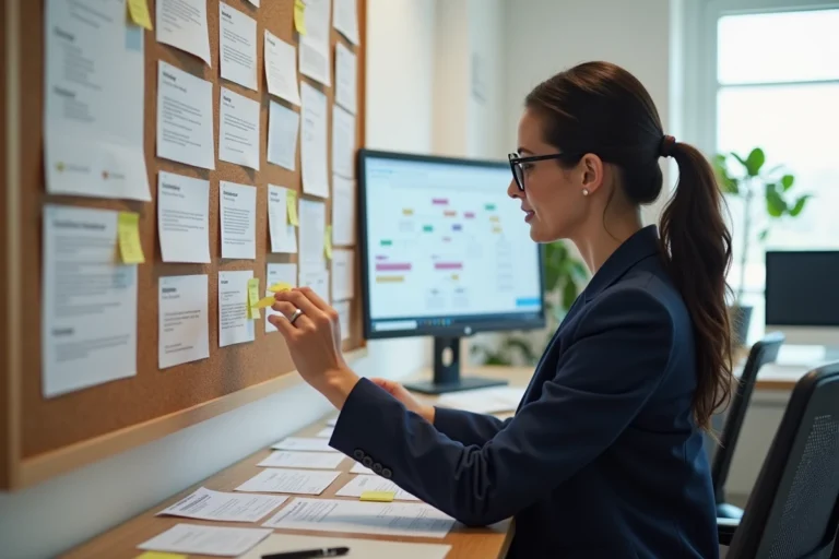 Femme organisatrice de contenu web arrangeant un plan de site sur un tableau de liège dans un bureau moderne