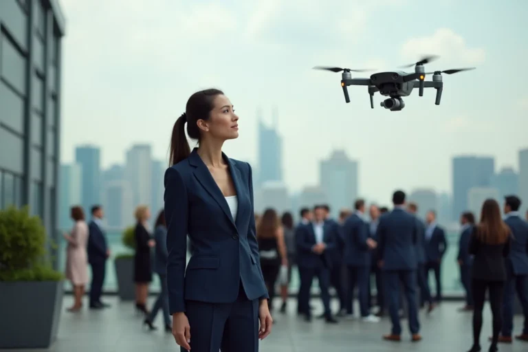 Organisatrice en costume sur un rooftop avec drone en ville