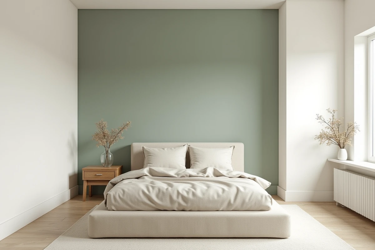 Chambre parentale aux murs blancs cassés avec un seul mur d'accent en vert sauge discret derrière le lit
