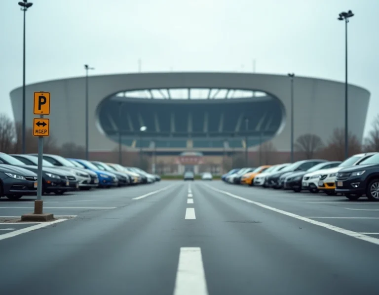 Parking extérieur bondé aux abords du Stade de France avec vue sur la façade du stade en arrière-plan