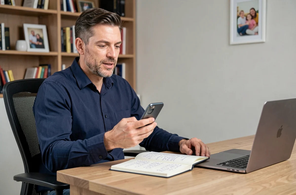 Père utilisant son smartphone pour contacter un conseiller de planification parentale depuis son bureau à domicile