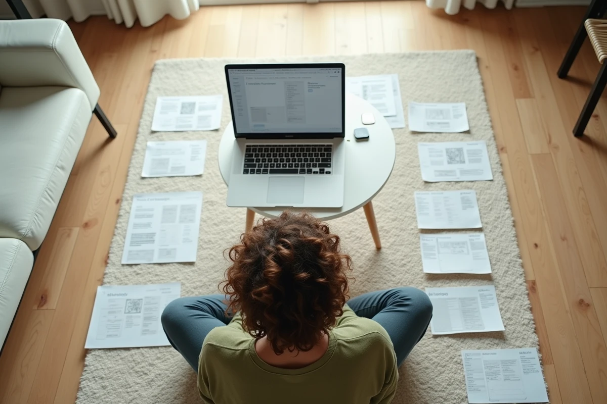 Vue aériale d'une personne organisant des fiches de plan de site sur le sol d'un appartement minimaliste