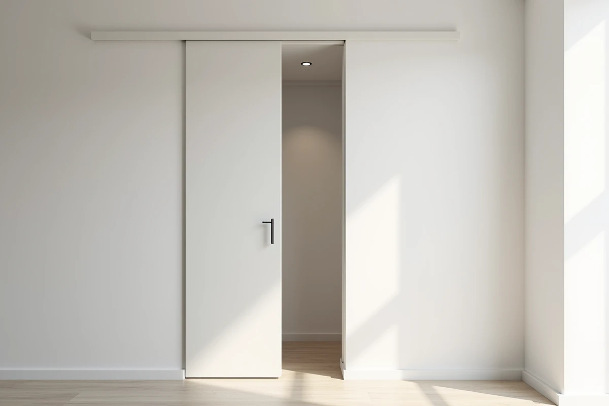 Porte coulissante à galandage encastrée dans le mur d'une suite parentale, supprimant tout débattement