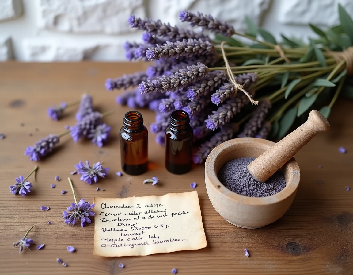 Arrangement rustique de lavande séchée, huiles essentielles et remèdes naturels contre les insectes sur une table en bois