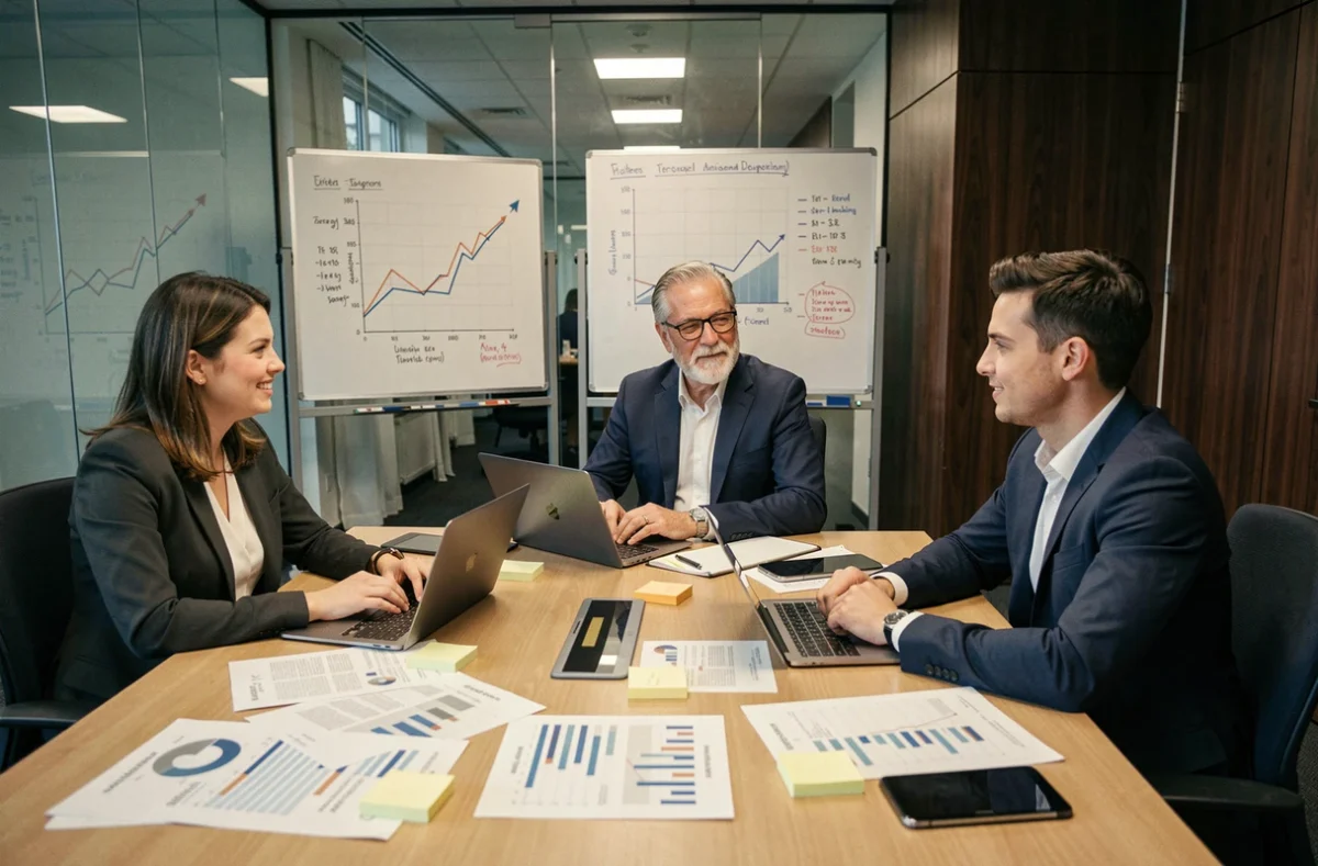 Équipe de professionnels discutant de tendances financières autour d'une table de réunion avec rapports et graphiques