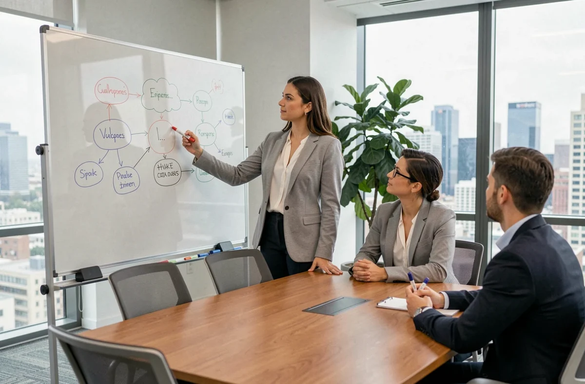 Une professionnelle en blazer gris révèle les talents de son équipe lors d'une séance de brainstorming en salle de réunion moderne