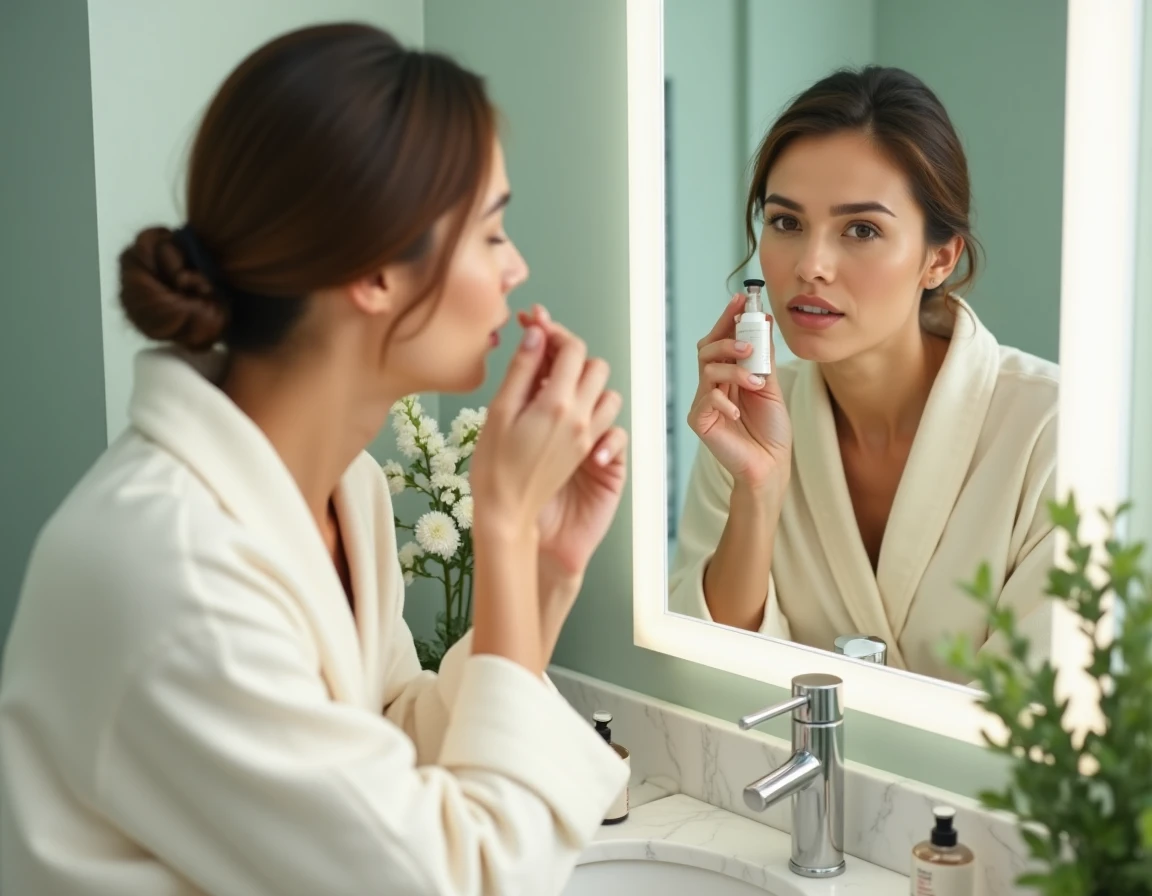 Femme appliquant un sérum visage dans une salle de bain moderne avec des produits de soin naturels