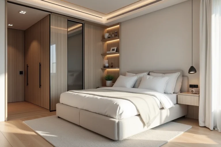 Suite parentale élégante de 15m2 avec lit plateforme, rangements intégrés, verrière et palette de couleurs neutres