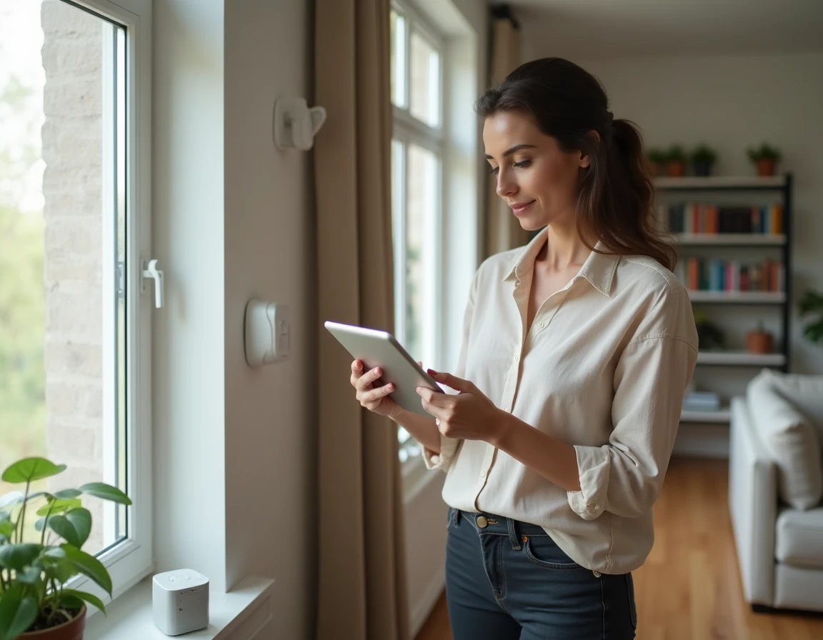 Femme consultant une application de surveillance de maison connectée depuis son salon avec capteur d'alarme visible