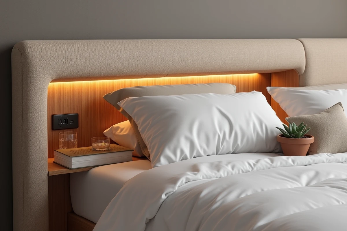 Tête de lit tapissée multifonction avec niches ouvertes, prises électriques et USB intégrées de chaque côté