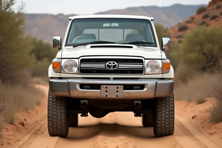 Toyota Land Cruiser HDJ 100 blanc garé sur une piste poussiéreuse en terrain rocheux, illustrant la robustesse et l'usure typique du 4x4