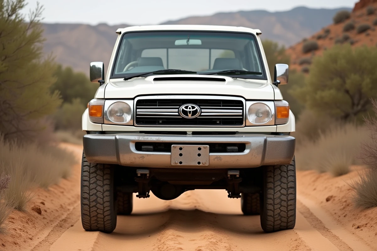 Toyota Land Cruiser HDJ 100 blanc garé sur une piste poussiéreuse en terrain rocheux, illustrant la robustesse et l'usure typique du 4x4