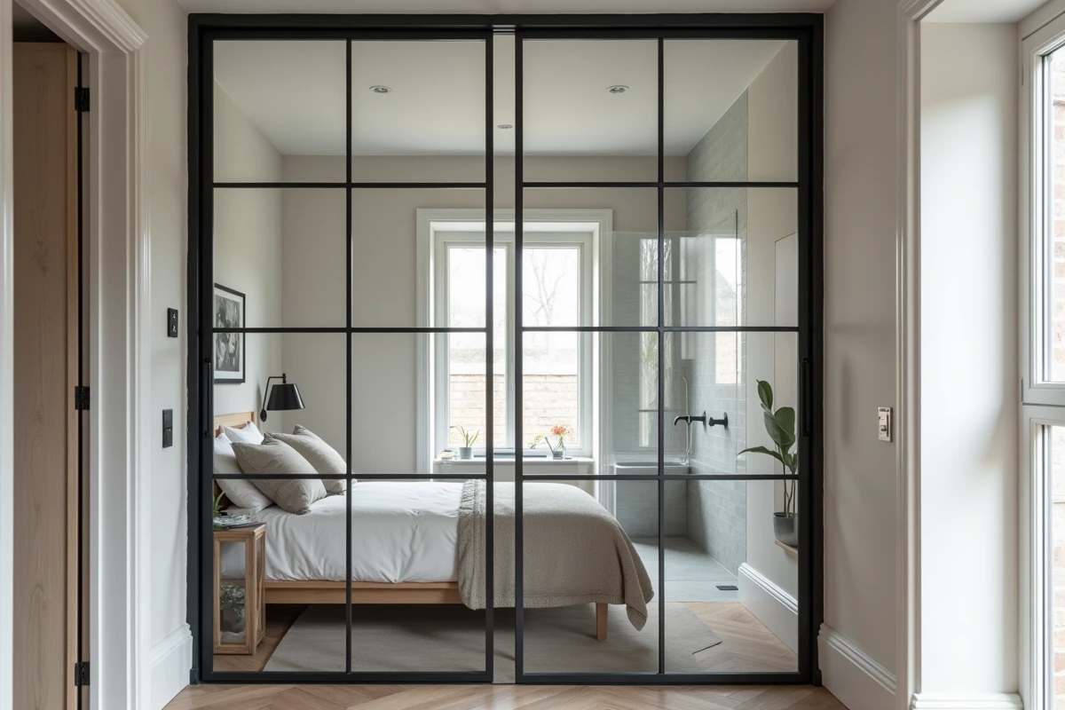 Verrière d'atelier en acier noir et verre séparant la chambre de la salle d'eau dans une suite parentale