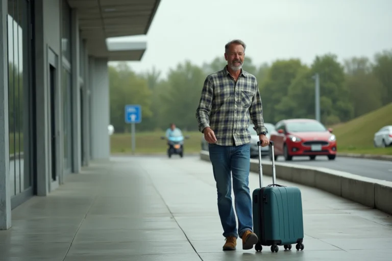Homme en jeans et chemise à carreaux près d'une aire de repos